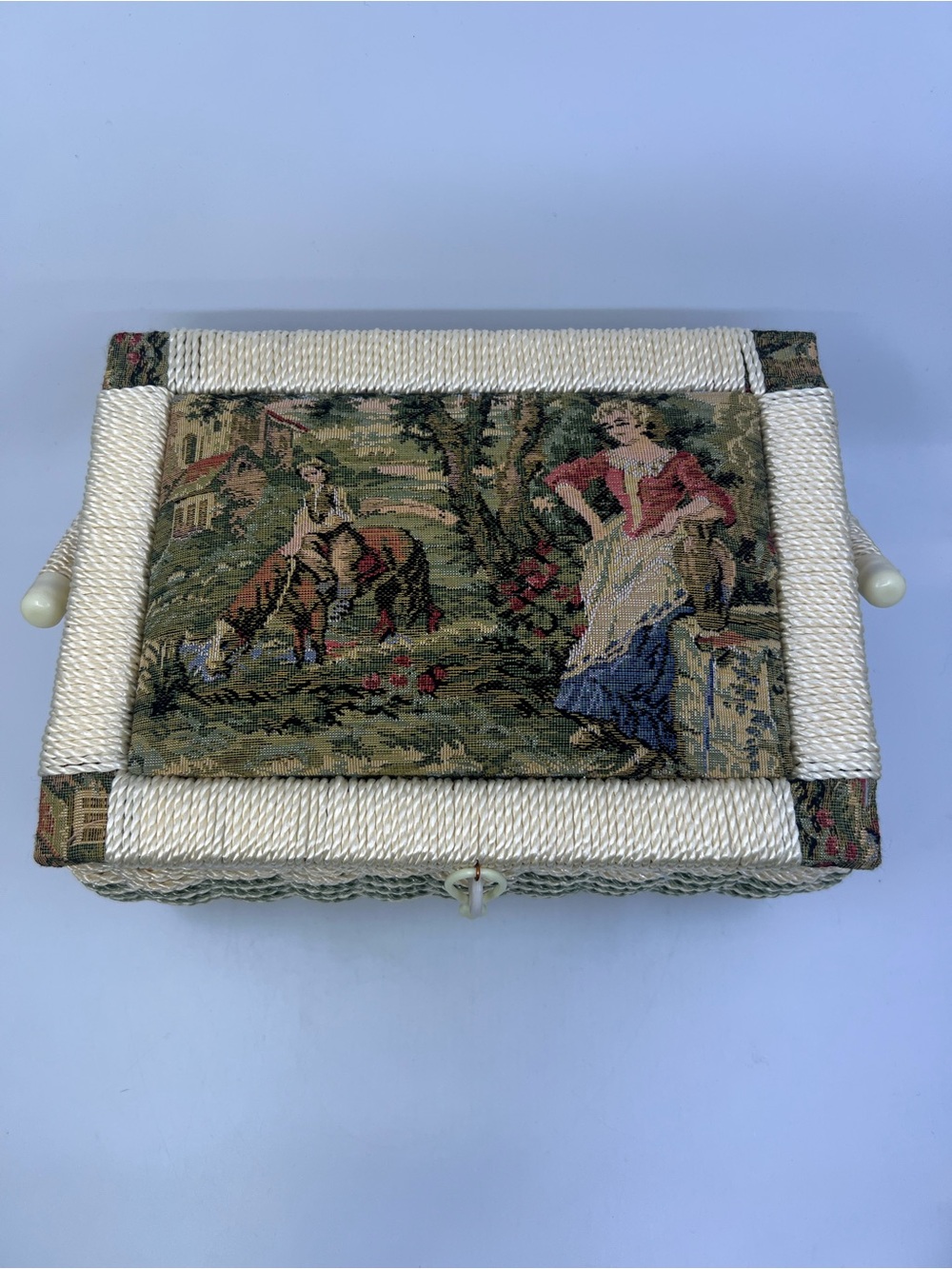 VTG Sewing Wicker Basket With Tapestry Lid Made in Korea